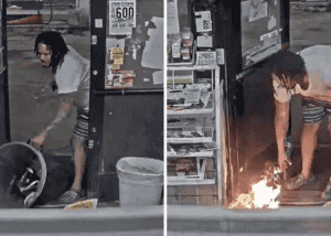 man sets the convenience station on fire