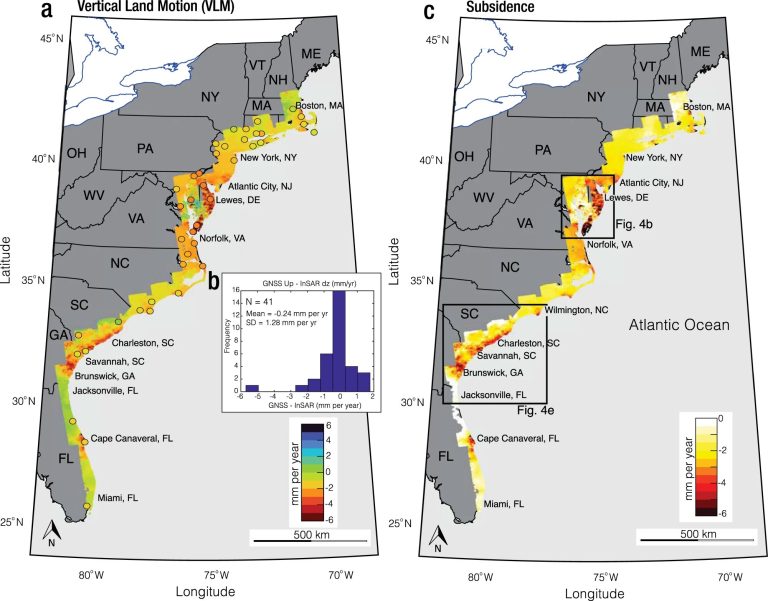 Observations from Satellite Data Reveal Subsidence along the US East Coast